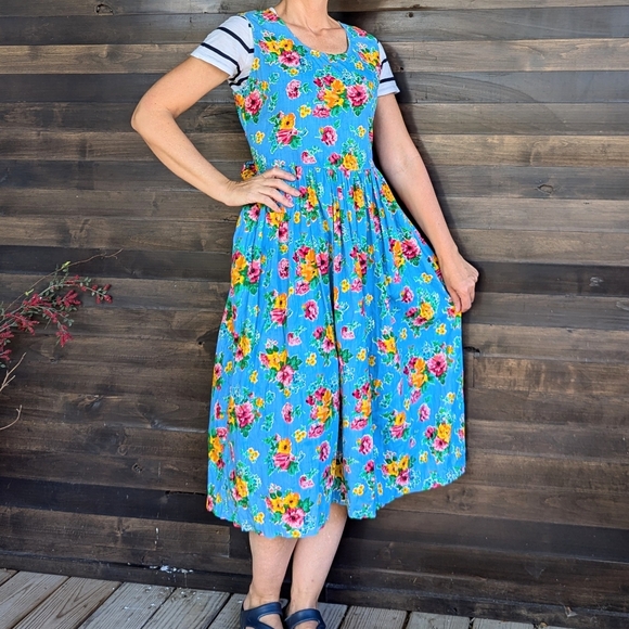 vintage FLORAL COTTON DRESS 1980's midi M - Picture 3 of 11